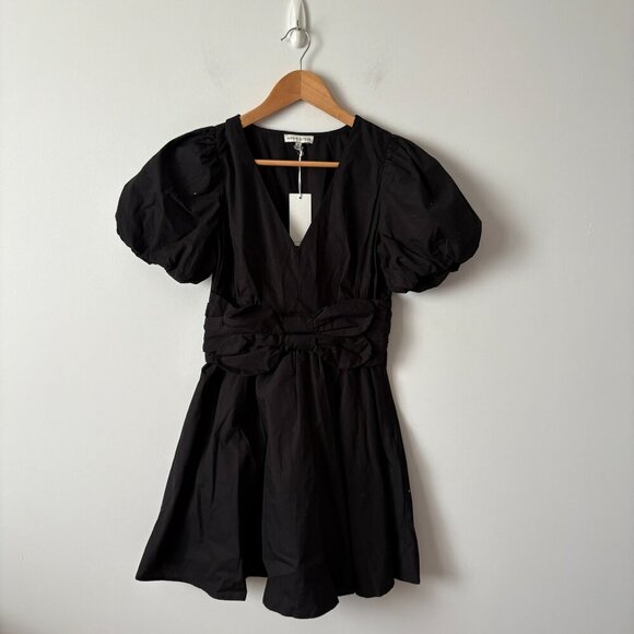 Moon River Puff Sleeve Front Bow Detail Poplin Mini Dress NWT Black Size Small - Picture 3 of 7